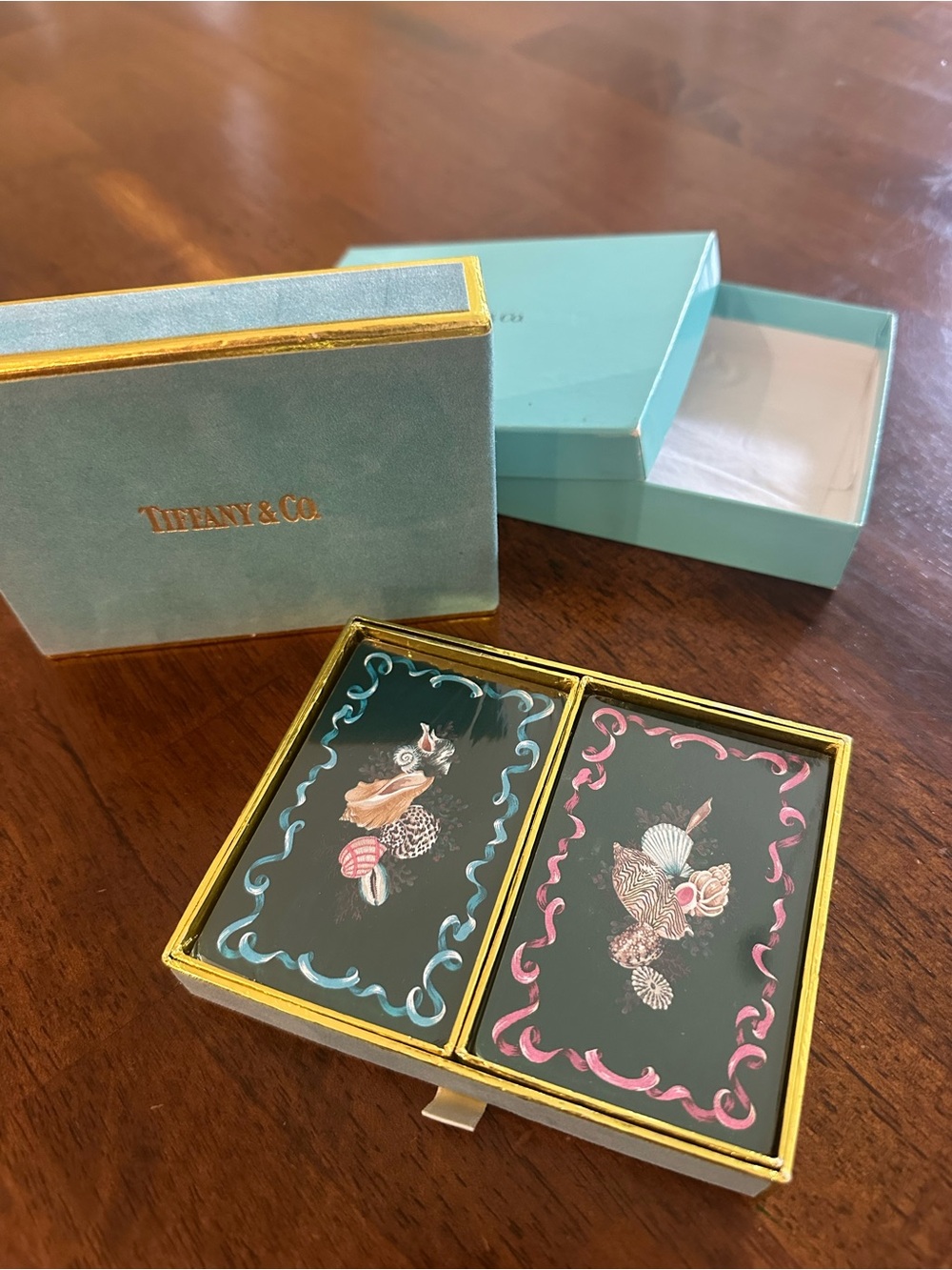 Tiffany & Co. Shell Suite Playing Card Duo with Blue and Pink Motifs